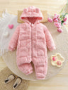Newborn Baby Girl Fuzzy Hooded Jumpsuit with Heart Pattern-TotsCove